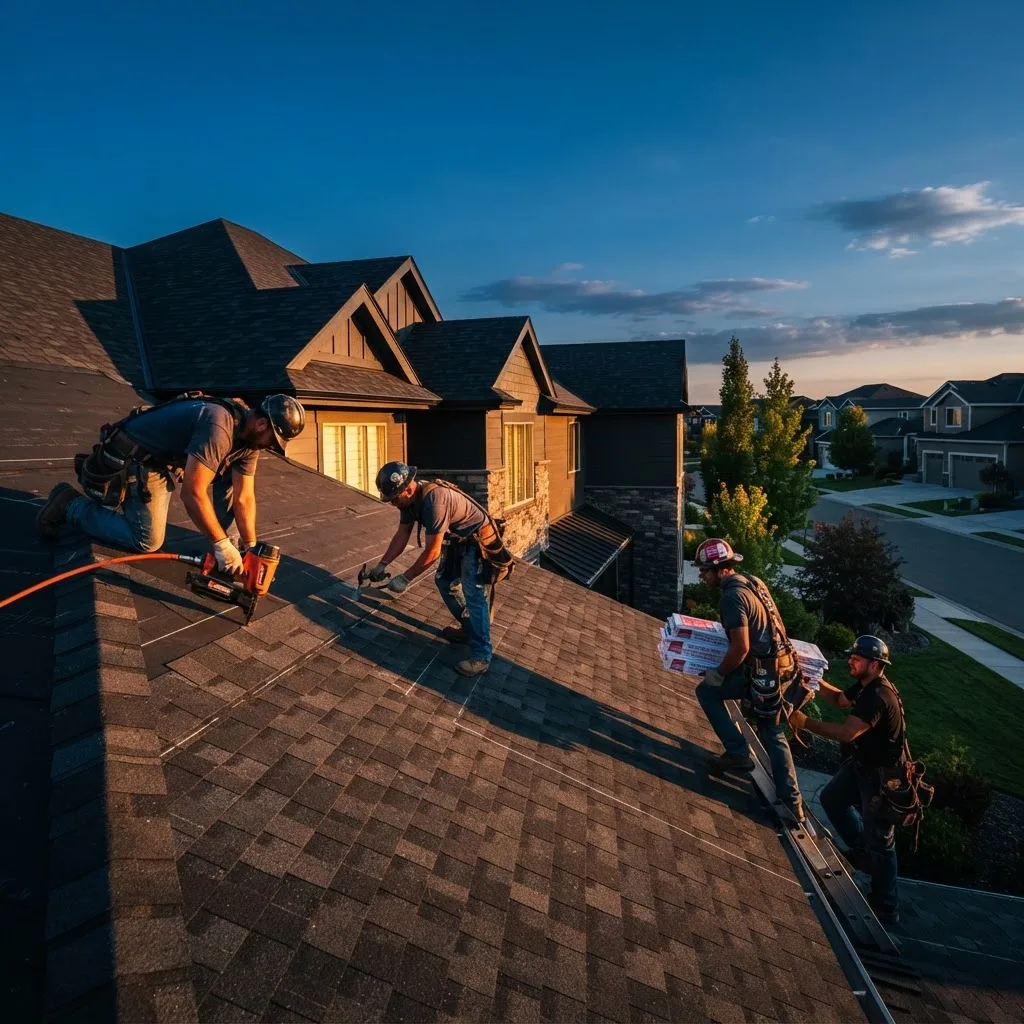 Rugerios Roofing crew installing new architectural shingles in Aurora, IL